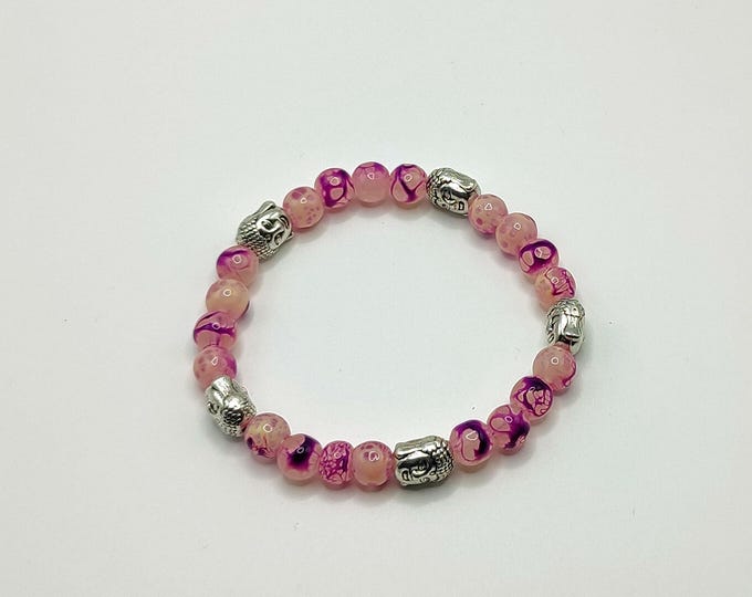 Pink And Purple Beaded Bracelet With Tibetan Silver Buddha Head Charms.