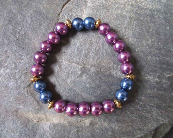Purple and Blue Glass Pearl Bead Bracelet With Gold Spacers