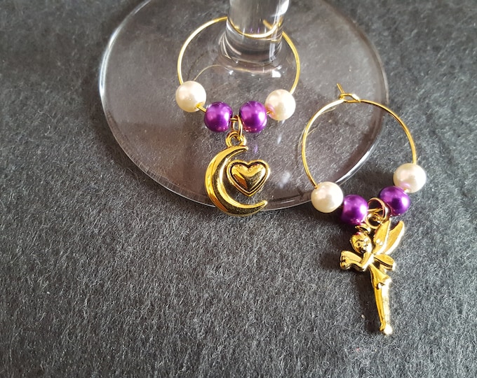 Couples Wine Glass Moon Heart and Fairy Charms Set of 2 Purple and White