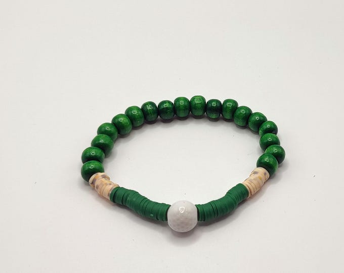 Sports Themed Wooden And Clay Beaded Bracelet With Golf Ball Charm.