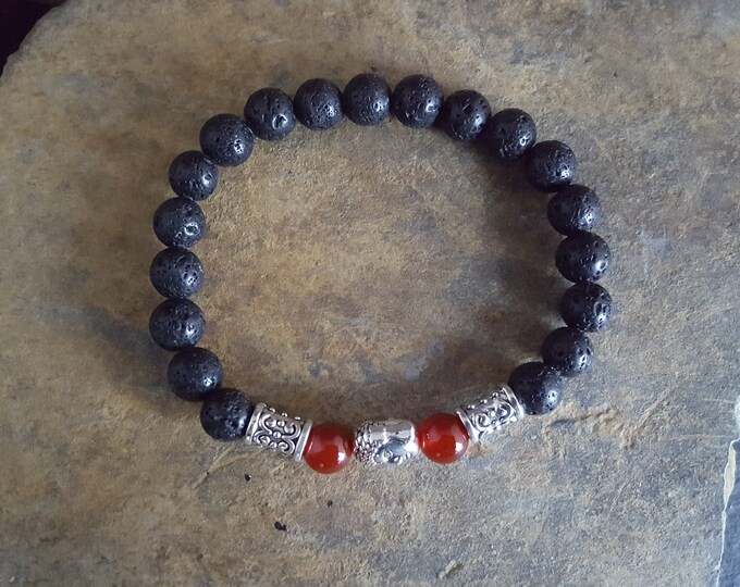 Red Carnelian Genuine Semi-Precious Gemstone and Black Lava Stone Bracelet With a Tibetan Silver Buddha Head and Tibetan Silver Spacer Beads