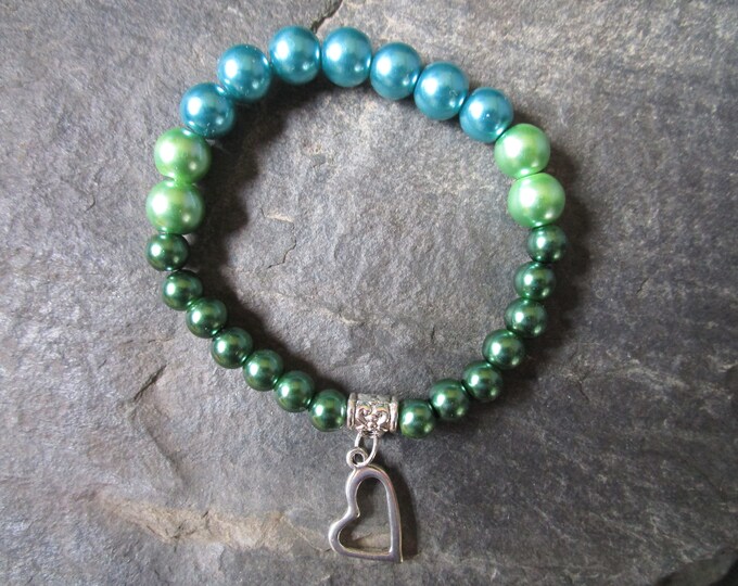 Green & Blue Glass Pearl Bead Bracelet With Silver Heart Charm