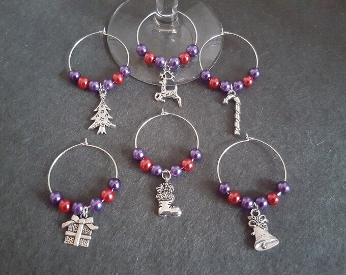 Christmas Wine Glass Charms Set of 6 Red and Purple with Silver Charms