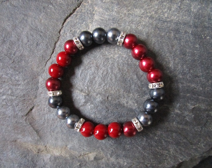 Red and Gunmetal Grey Glass Pearl Bead Bracelet With Silver Diamante Rondelle Spacers