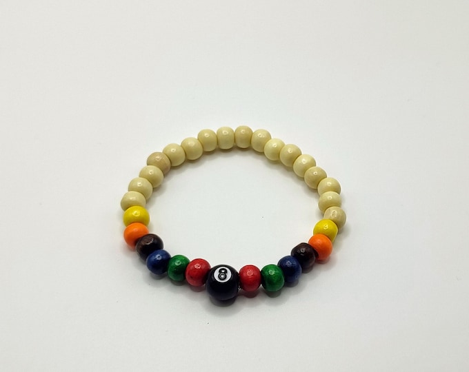 Sports Themed Wooden Beaded Bracelet With Number 8 Pool Ball Charm.