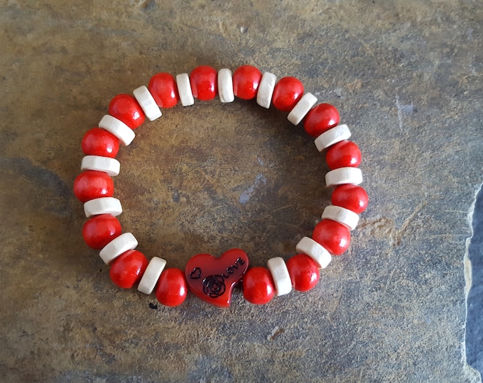 Red and White Wooden Bead Bracelet with Red Heart Charm