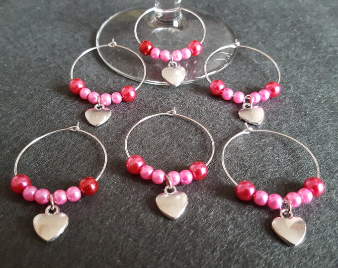 Heart Wine Glass Charms Set of 6 Pink and Red