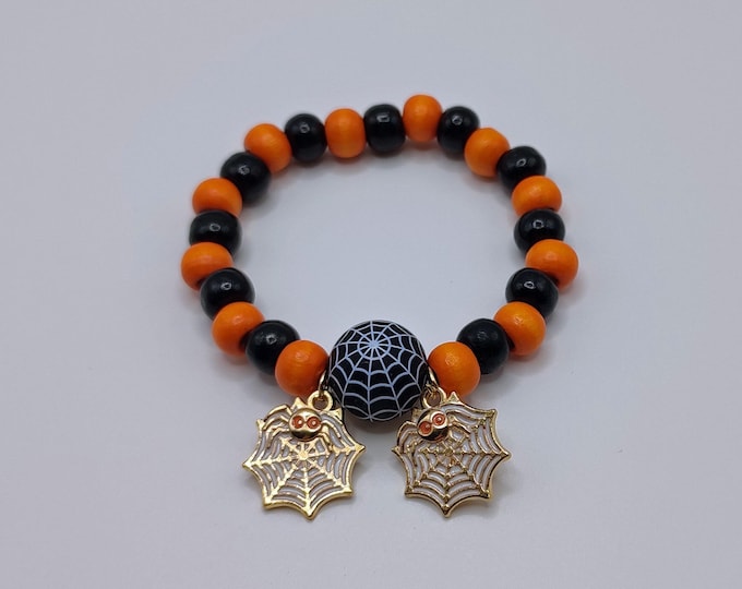 Orange and Black Halloween Wooden Bead Bracelet with Spider Web Charms.