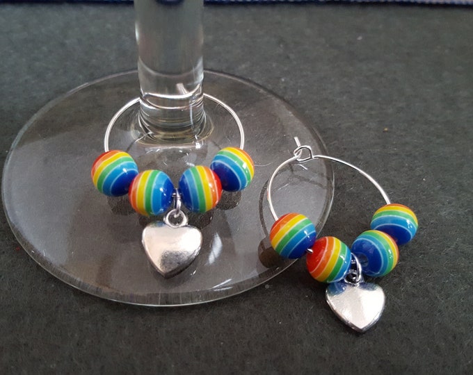 Rainbow Bead and Heart Wine Glass Charms Set of 2