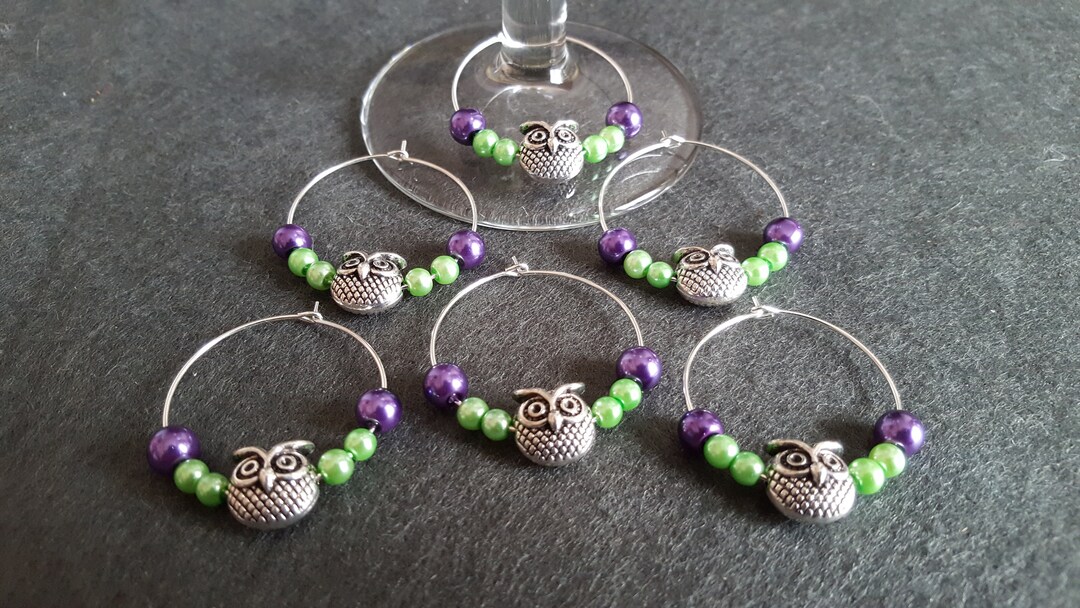 Owl Wine Glass Charms Set of 6 Purple and Green Etsy UK