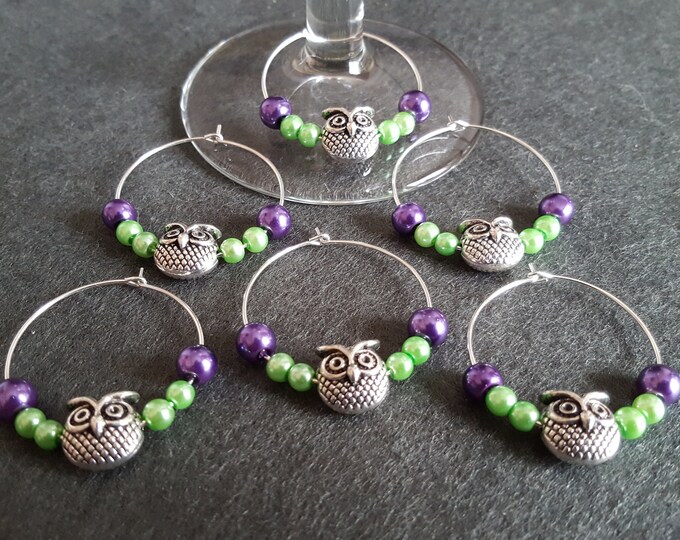 Owl Wine Glass Charms Set of 6 Purple and Green