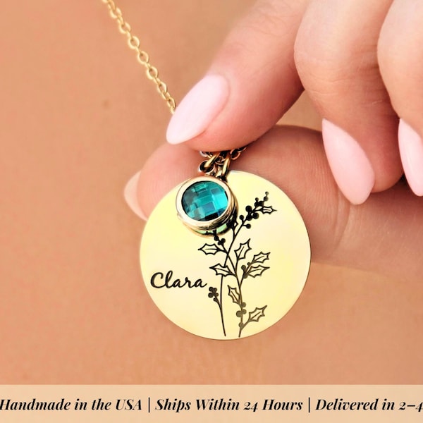 Birth Flower Necklace with Birthstone Personalized Gift for Mom Custom Name Birth Month Birthday