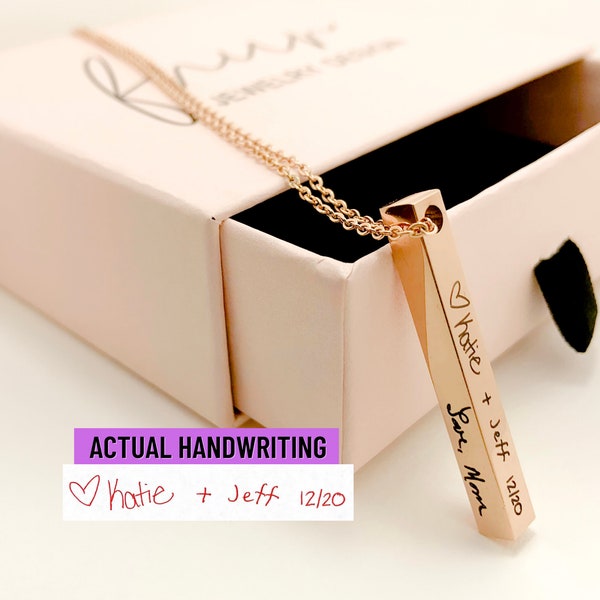 Actual Handwriting Necklace, Signature Bar Necklace, Personalized Photo Engraved Jewelry, 4-Sided Memorial Gift Handwritten