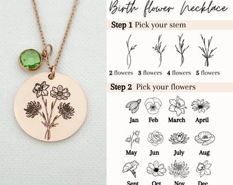 Family Bouquet Flower Necklace Combined BirthFlower Birth Month Flower Necklace Engraved Unique Family Mother Gift Birthday Gifts for Her