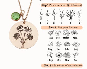 Family Birth Flower Bouquet Necklace with Birthstone Personalized Month Custom Combined Mothers Day Gift