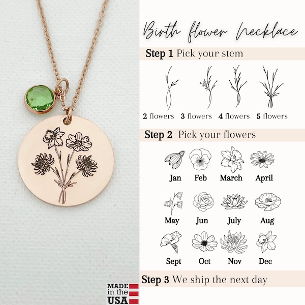 Family Bouquet Flower Necklace Combined BirthFlower Birth Month Flower Necklace Engraved Unique Family Mother Gift Birthday Gifts for Her