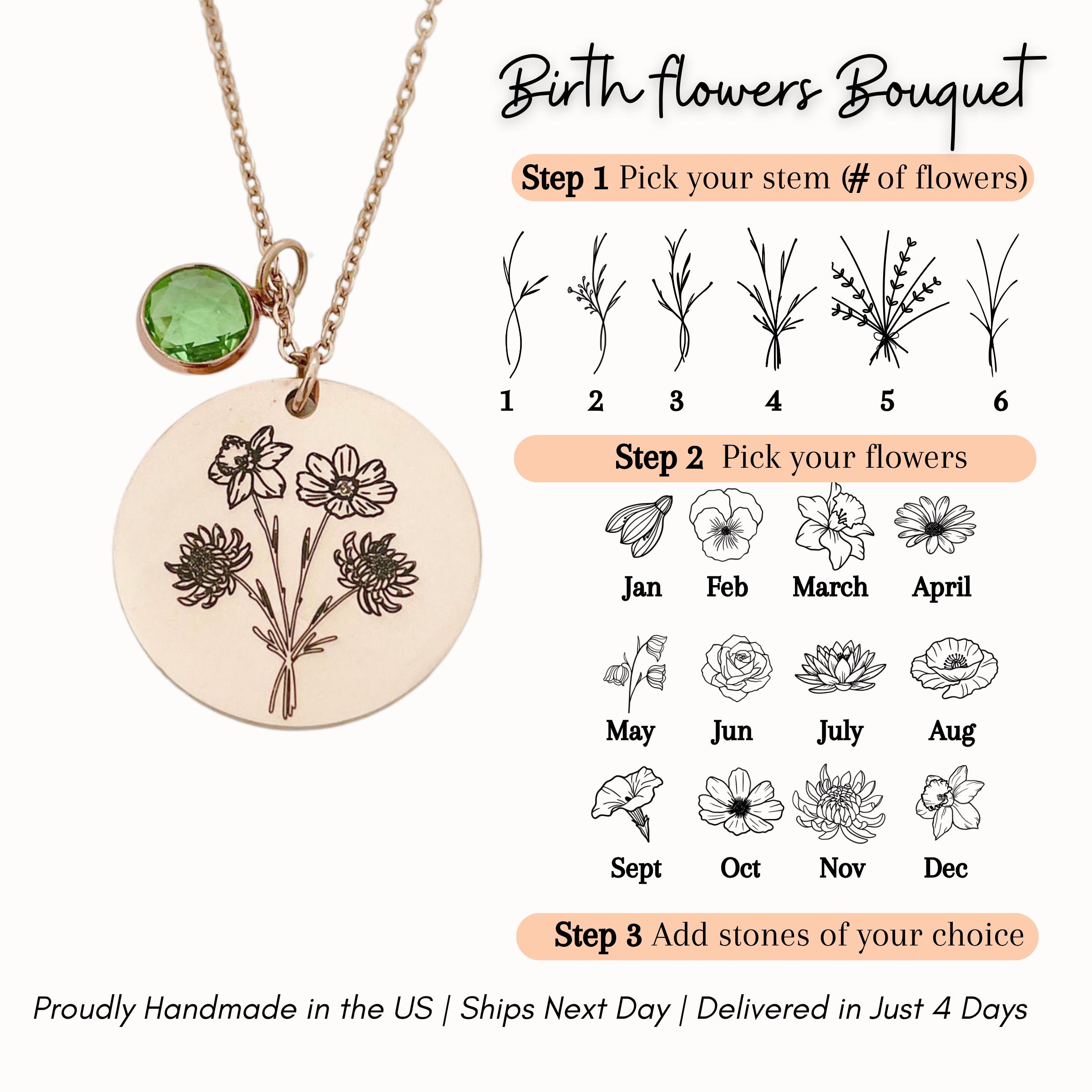 close up macro detail of engraved flower stems on custom gold bouquet necklace