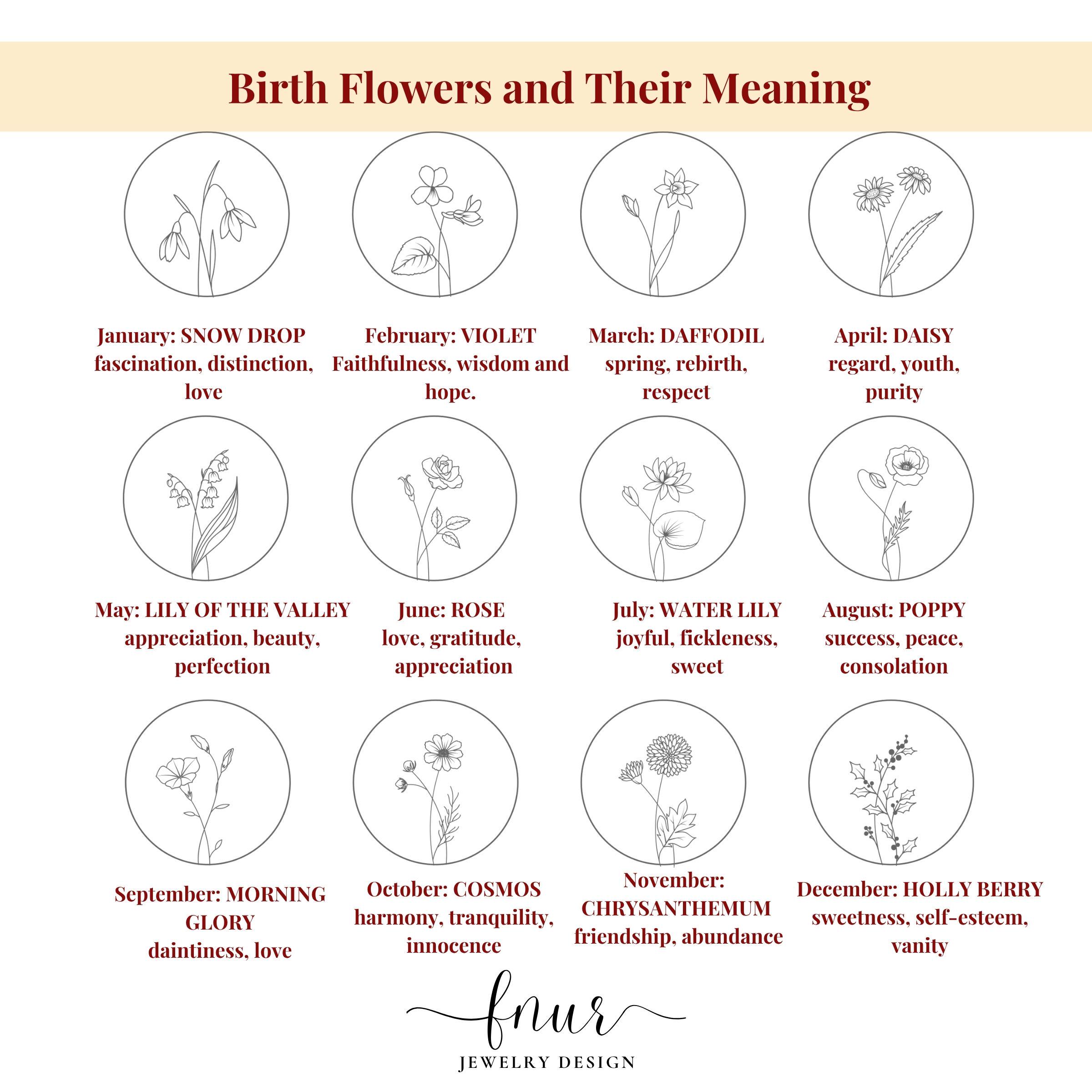 flat lay composition of gold silver and rose gold personalized birth flower disc necklaces