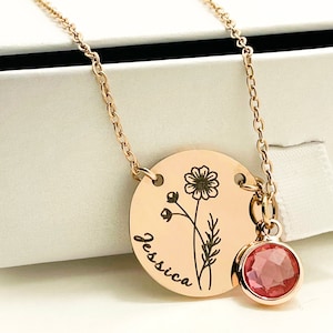 Birth Month Flower Necklace Oval Two holes Custom Birthstone Silver Rose Gold Birth Flower Engraved Gemstone size of a nickel 0.8 inches