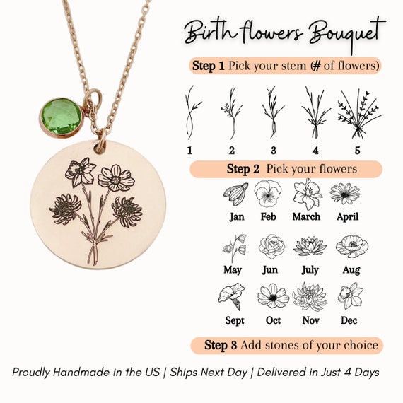 Personalized Family Birth Flower Bouquet Necklace with Birthstone: Custom Engraved Jewelry Mom Necklace, Birth Month Gift Combined Bouquet