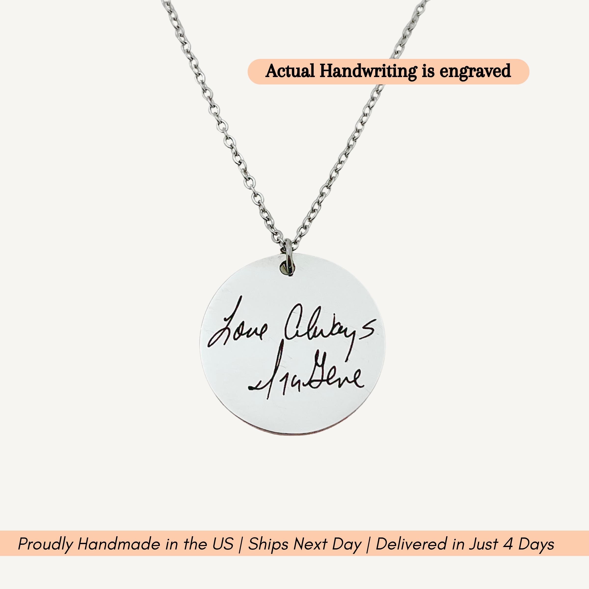 side profile view of engraved custom signature necklace showing pendant thickness and texture