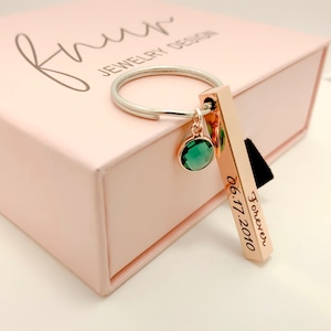 Personalized 3D Bar Keychain with Birthstone: Custom Name, Date, Location Keyring, Engraved