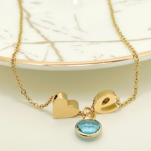 Collar con inicial de piedra natal, Collar del alfabeto con piedra natal, Collar con inicial de oro rosa y plata, Collar personalizado para ella, Regalo para mamá