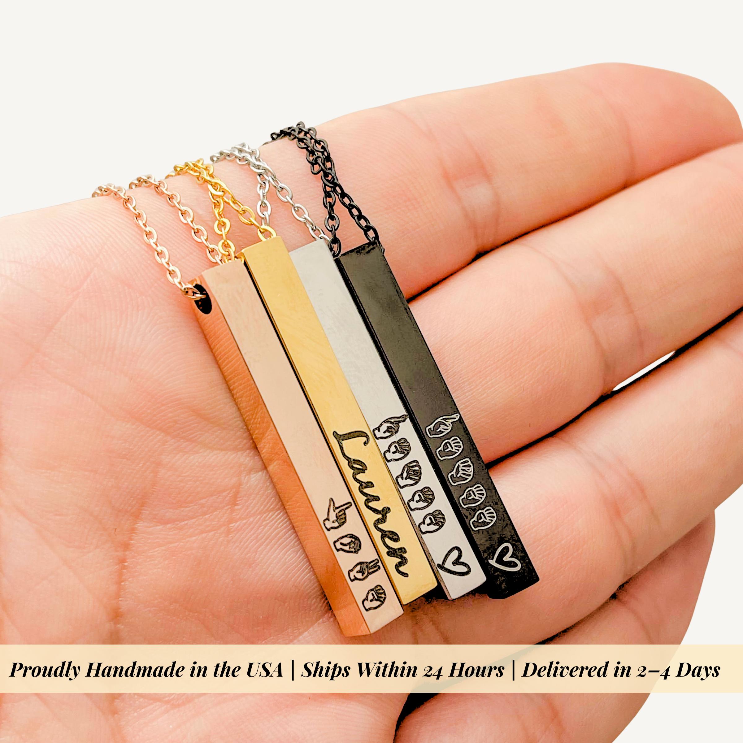 ASL Necklace Personalized Name, Sign Language Bar Necklace, Custom Jewelry, 4 Sided Engraved Gift – handcrafted personalized asl necklaces by fnur Jewelry Design (photo 2)