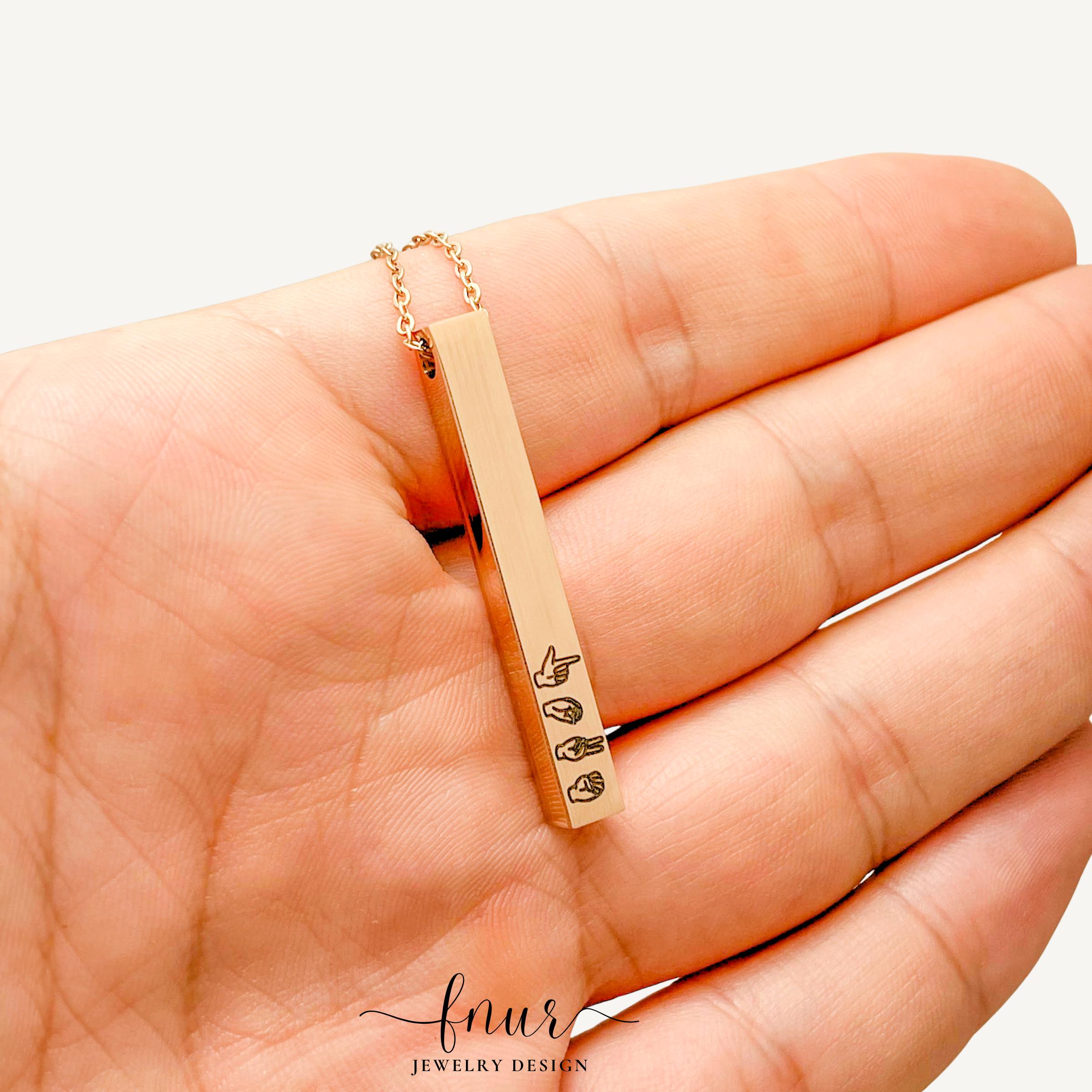 ASL Necklace Personalized Name, Sign Language Bar Necklace, Custom Jewelry, 4 Sided Engraved Gift – handcrafted personalized asl necklaces by fnur Jewelry Design (photo 5)