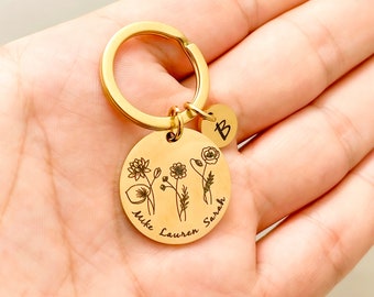 Combined Birth Month Flower Keychain Birth Flower Keyring Personalized Keychain Flower Keychain Birth Date Flower Keyring Engraved Keyring