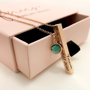 Custom Bar Necklace with Birthstone 4 sided Bar Necklace Location Necklace Date Necklace Coordinate Necklace Personalized Long vertical bar