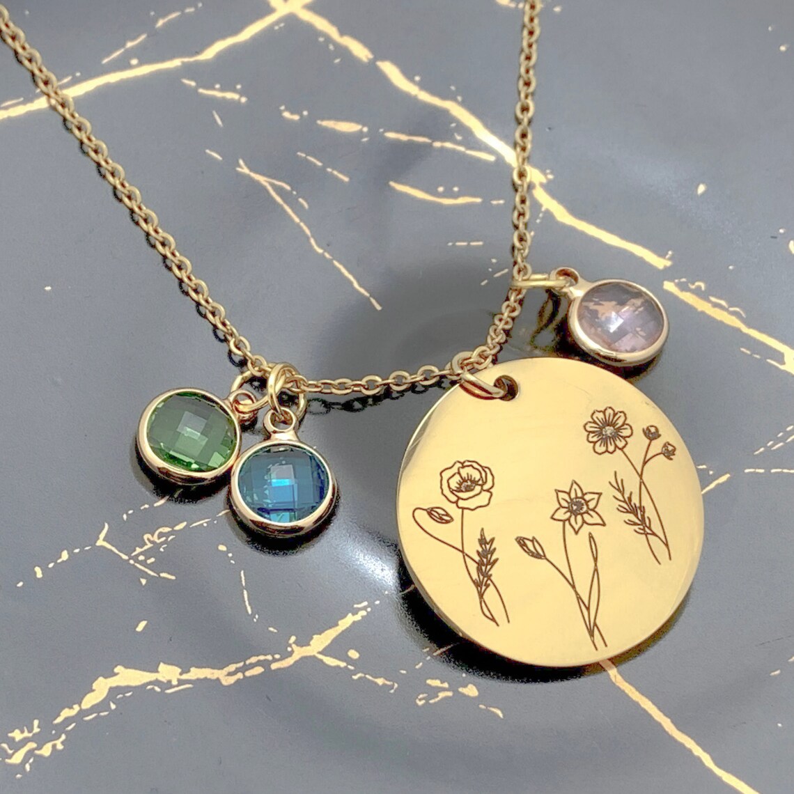 Combined Birth Month Flower Necklace Custom Birthstone Birth Etsy