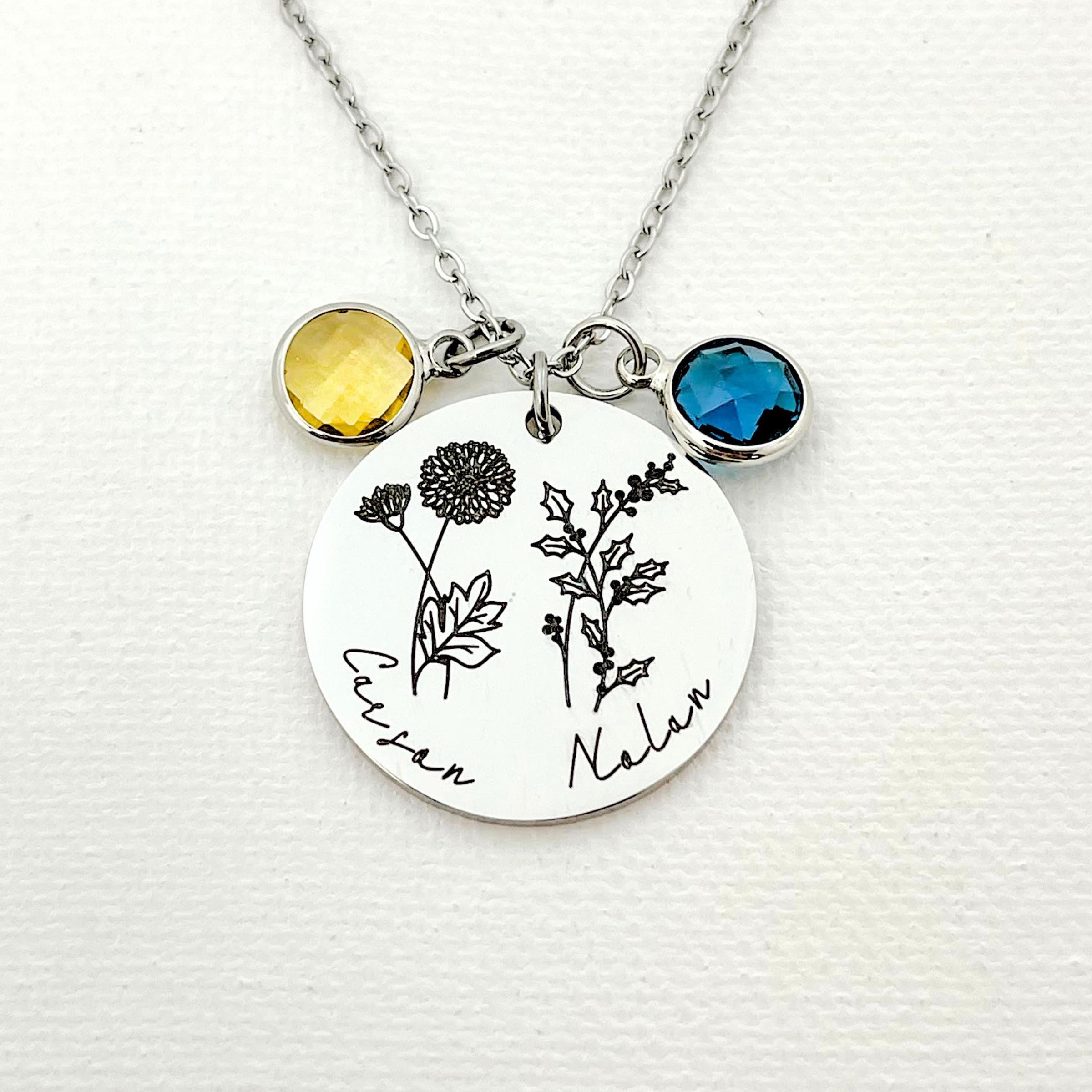 Silver personalized bouquet necklace showcased against elegant white background for jewelry catalog