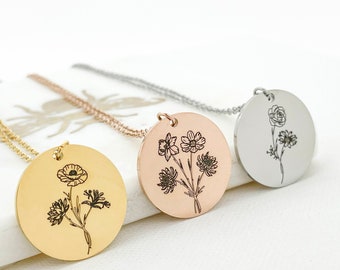 May include: Three gold, rose gold, and silver necklaces with round pendants featuring engraved floral designs. Each pendant has a different floral design, including a poppy, a daisy, and a rose.
