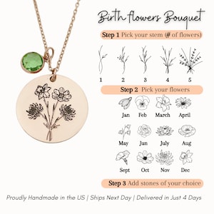 Family Bouquet Flower Necklace Combined BirthFlower Birth Month Flower Necklace Engraved Unique Family Mother Gift Birthday Gifts for Her