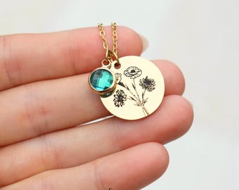Family Birth Flower Bouquet Necklace with Birthstone: Personalized Mothers Day Jewelry Gift, Custom Combined