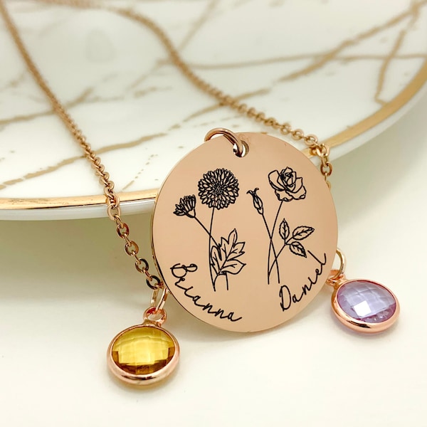 Combined Birth Month Flower Necklace Custom Birthstone Birth Flower Necklace Silver Rose Gold Birth Floral Necklace Personalized Gift