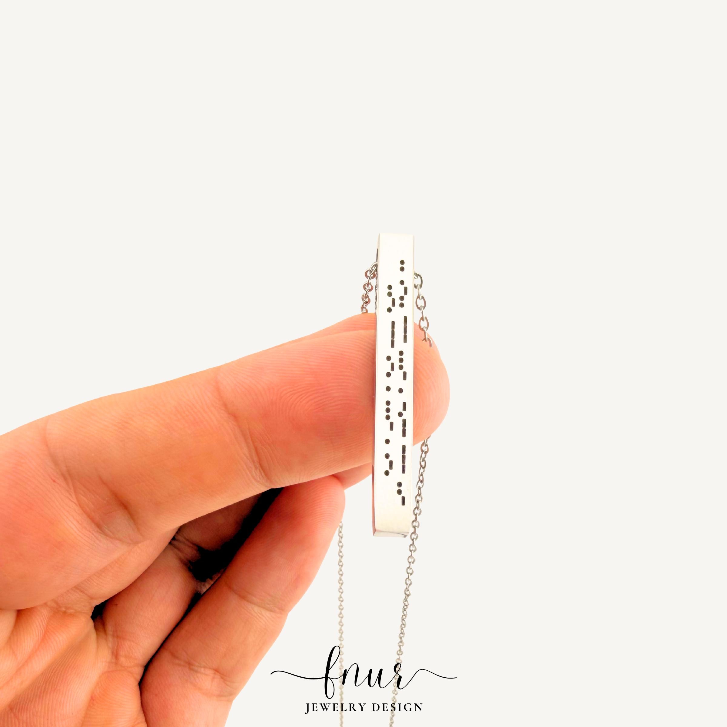 minimalist black stainless steel bar necklace with hidden secret message