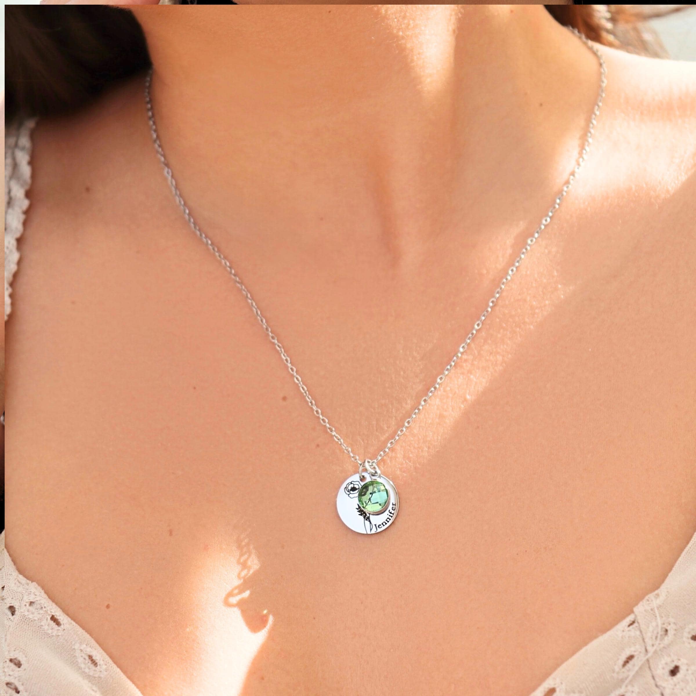 Model wearing layered custom birth month flower necklace with casual everyday outfit style