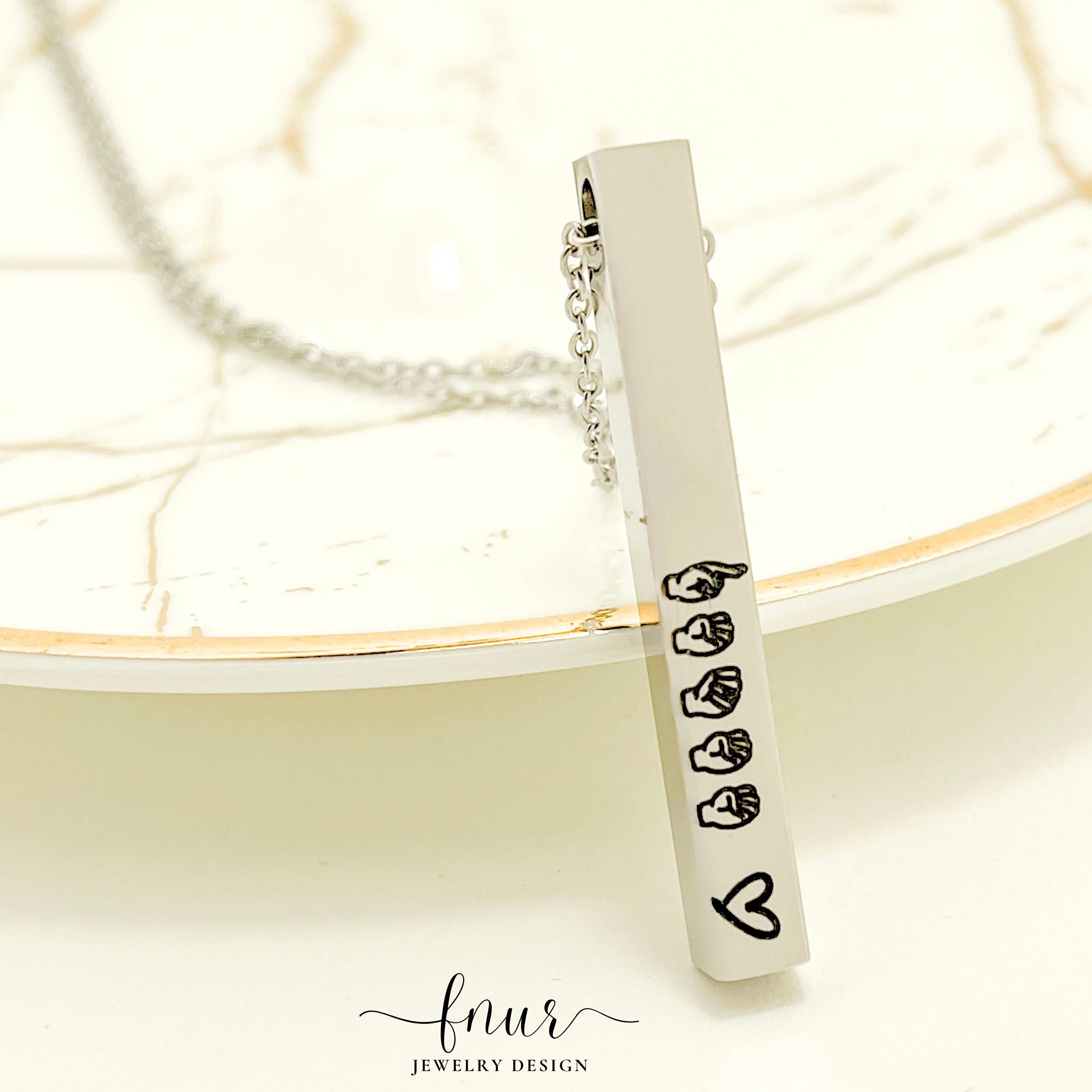 ASL Necklace Personalized Name, Sign Language Bar Necklace, Custom Jewelry, 4 Sided Engraved Gift – handcrafted personalized asl necklaces by fnur Jewelry Design (photo 4)