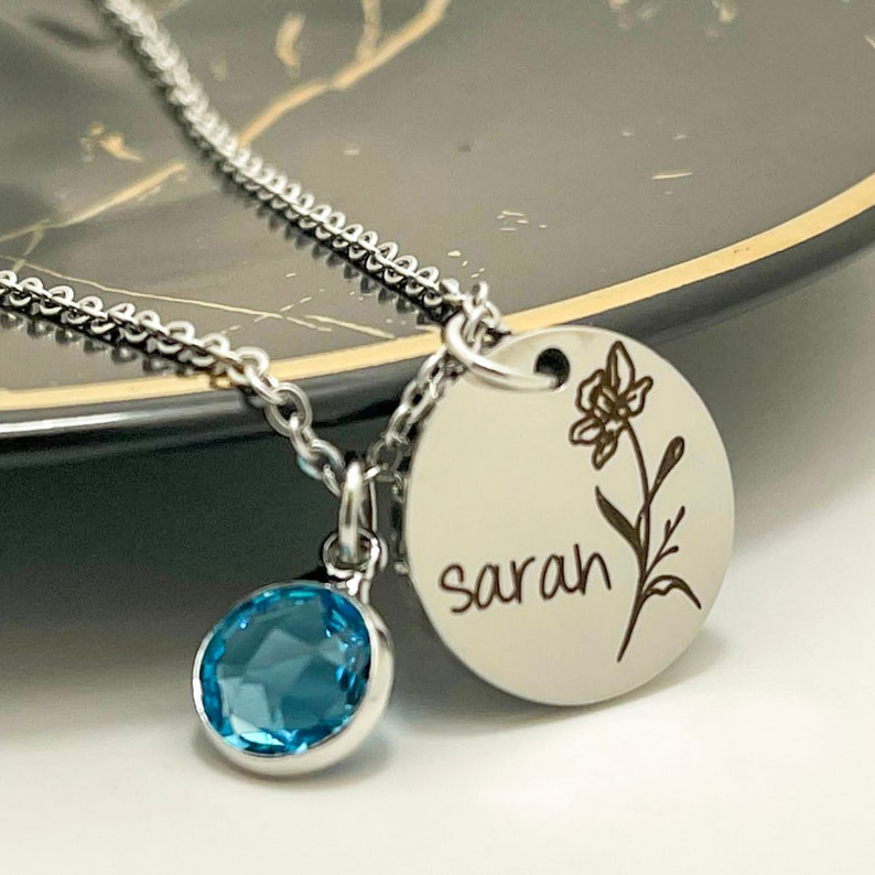Birth Month Flower Necklace Custom Birthstone Necklace Silver Etsy