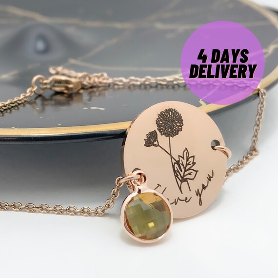 Birth Month Flower Bracelet Rose Gold Birthstone Bracelet Etsy