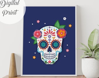 Skull wall art poster, Calavera skull in papercut style by Kartakids. Day of the Dead. Cinco de Mayo skull decor, skull print, skull poster