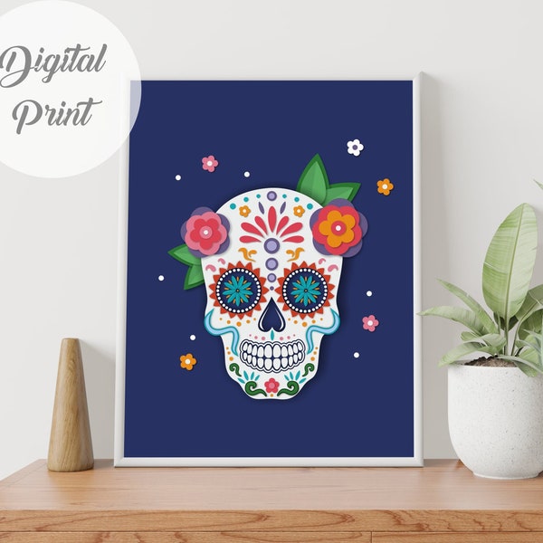 Skull wall art poster, Calavera skull in papercut style by Kartakids. Day of the Dead. Cinco de Mayo skull decor, skull print, skull poster