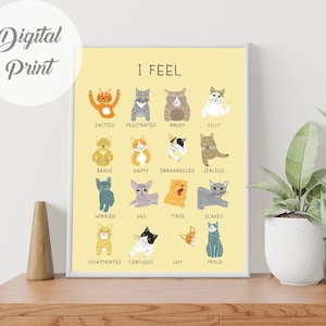 I feel Cats Poster, Tabla de sentimientos y emociones, Lista de sentimientos, Salud mental, Materiales Montessori, Tabla de sentimientos Sala de niños Rincón de calma