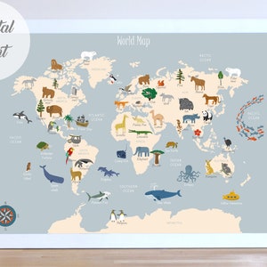 Animal World Map Poster Blau, Pädagogische Illustrierte Karte, Kinder Wand Kunst druckbar