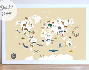 Karte der Tiere mit Weltkarte: Beiges Kinderzimmer Dekor (Printable Poster)