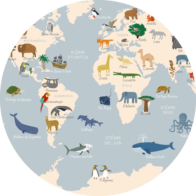 Mapa Del Mundo Azul Español, World Map in SPANISH Wall Art, Nursery