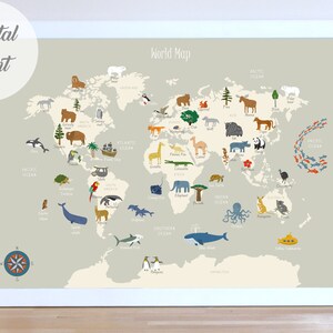 Graue Tier Weltkarte Wandkunst, Druckbares Poster für Kinderzimmer, Kinder Lernkarte, Digitaler Download Playroom Poster