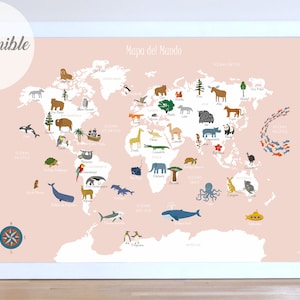 Pink Animals World Map en ESPAÑOL Wall Art poster, Mapa del Mundo Español, Children's Nursery Educational print